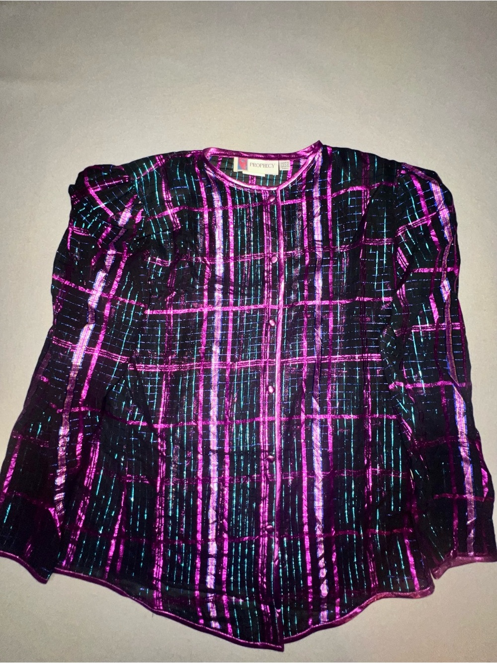 Vintage 80s Prophecy Metallic Plaid Sheer Button Long Sleeve Blouse 10